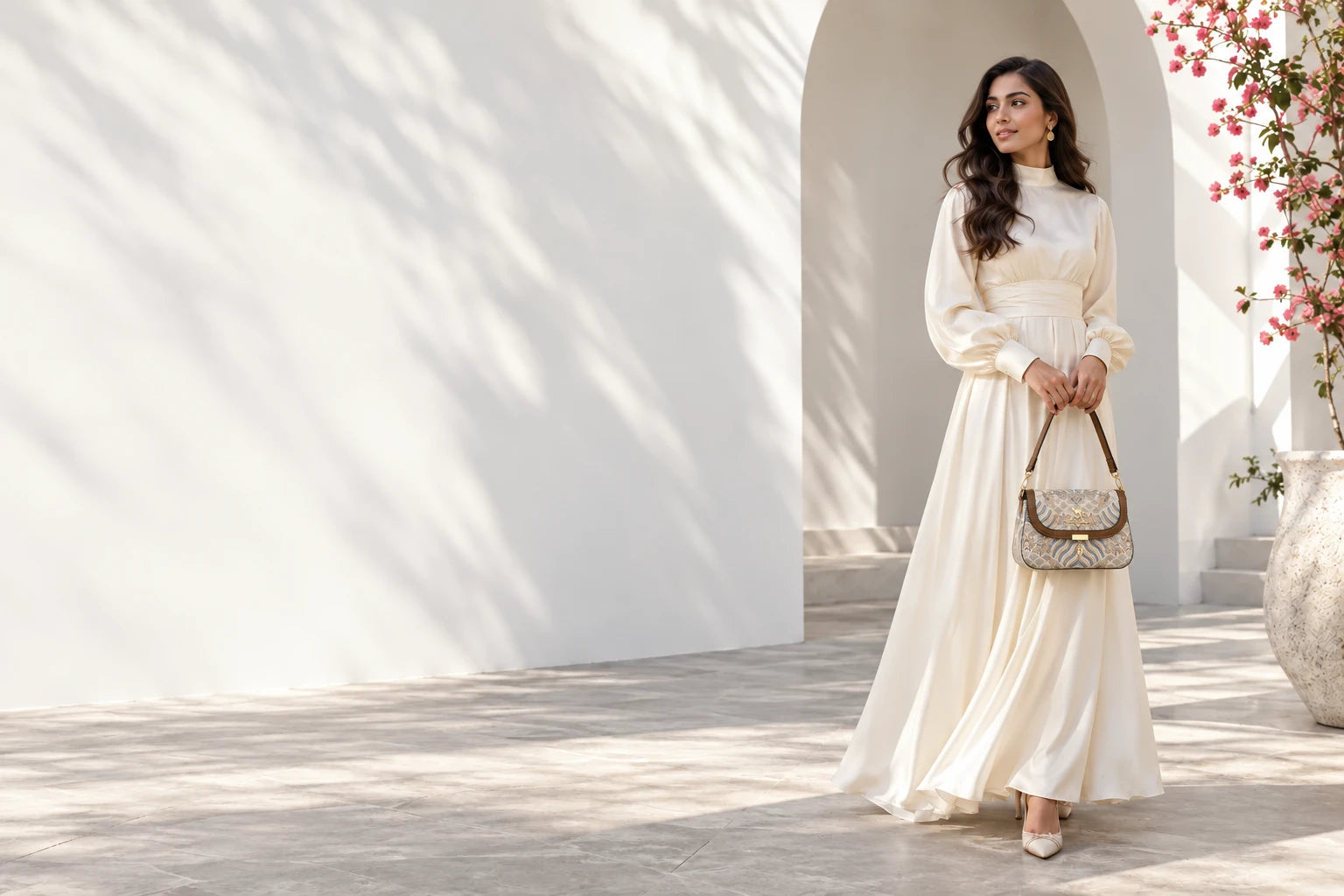 The Alinza campaign: a woman in an ivory dress holding the beige patterned shoulder bag in a sunlit courtyard