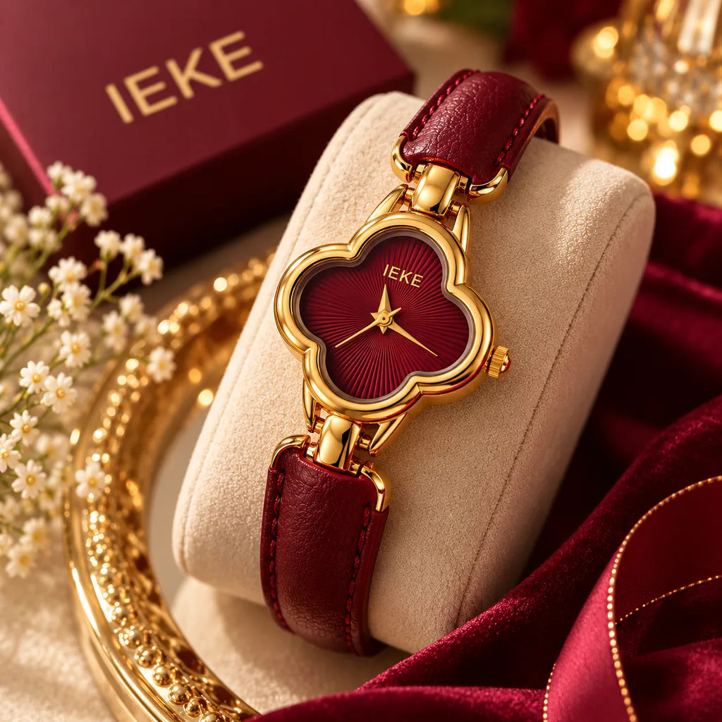IEKE Luxury Clover Women’s Watch with Premium Gift Box – Burgundy & Gold