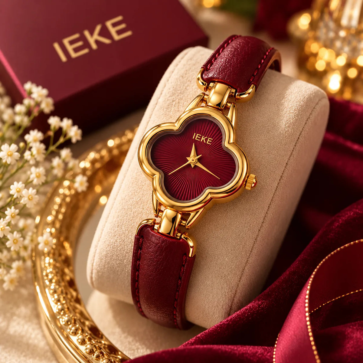 IEKE Luxury Clover Women’s Watch with Premium Gift Box – Burgundy & Gold