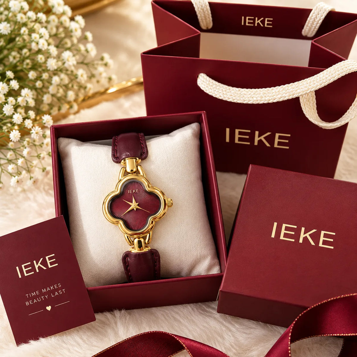 IEKE Luxury Clover Women’s Watch with Premium Gift Box – Burgundy & Gold