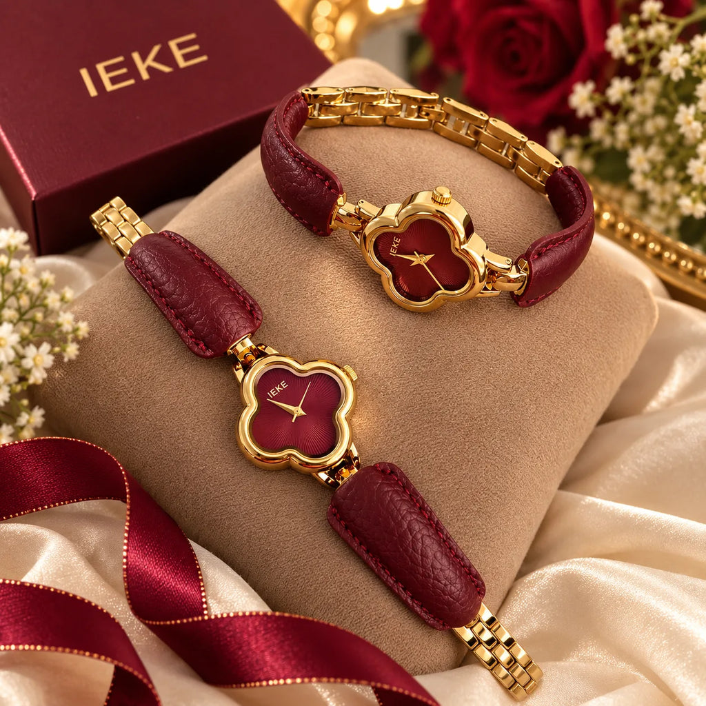 IEKE Luxury Clover Women’s Watch with Premium Gift Box – Burgundy & Gold