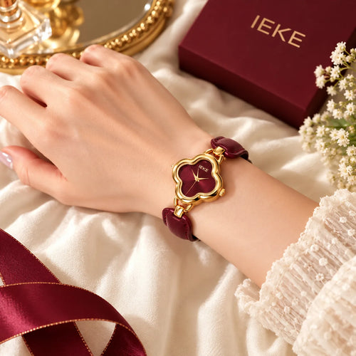IEKE Luxury Clover Women’s Watch with Premium Gift Box – Burgundy & Gold